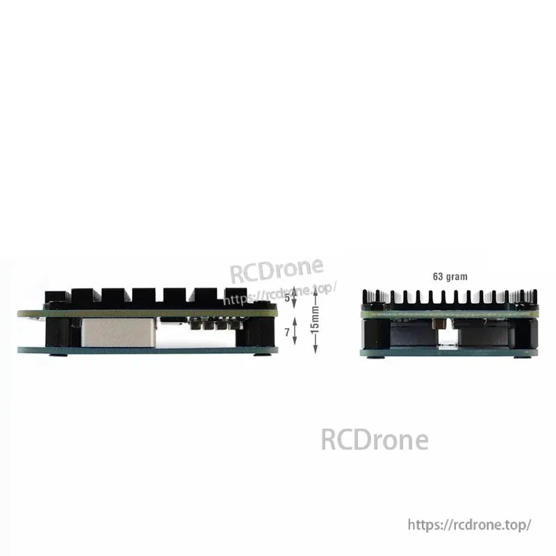 Side profile of MATEKSYS PM20S-2 power module with heatsink, 15mm height and 63g weight noted