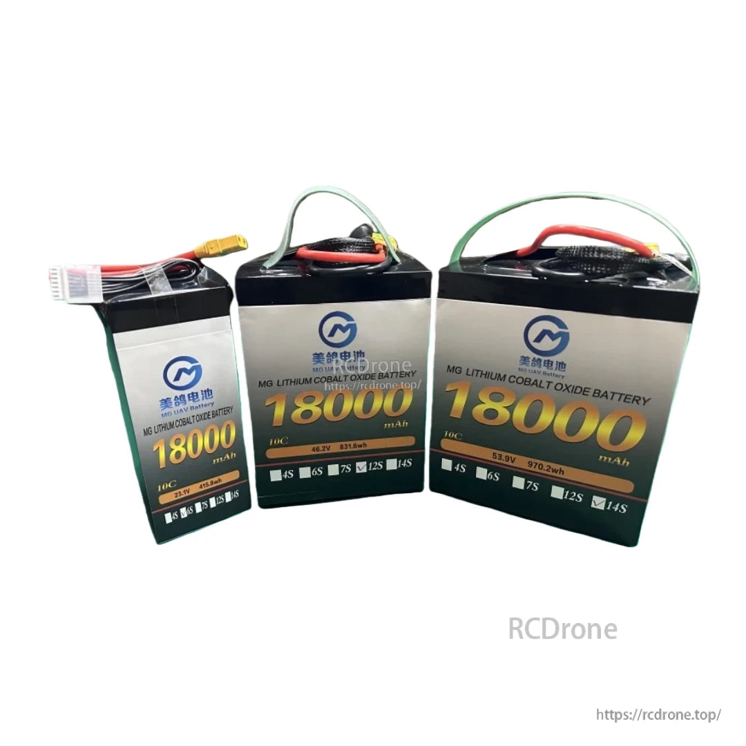 High-capacity MG Lithium Cobalt Oxide battery (18000mAh, 10C) in 6S, 12S, 14S for heavy-duty UAVs, offering extended flight with high power output.