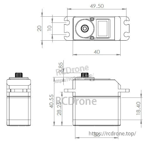 MKSHV777A+ servo dimensions: 49.5mm L, 20mm H, 40mm W, 18.4mm D, 40.55mm total height, 28.25mm body height, 36mm base width.