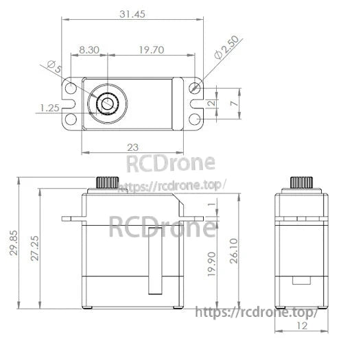 MKS HV93 Cyclic Servo, MKS HV93 servo: 6–8.4V, 0.05s speed, 19.87g, includes detailed dimensions.