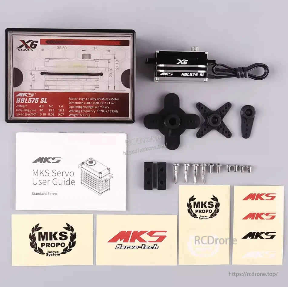 MKS X6 HBL575SL brushless servo features titanium gears, low profile, and specs: 40.5x20.5x23.1mm, 53.51g, 4.8–8.4V, 1520μs/333Hz.