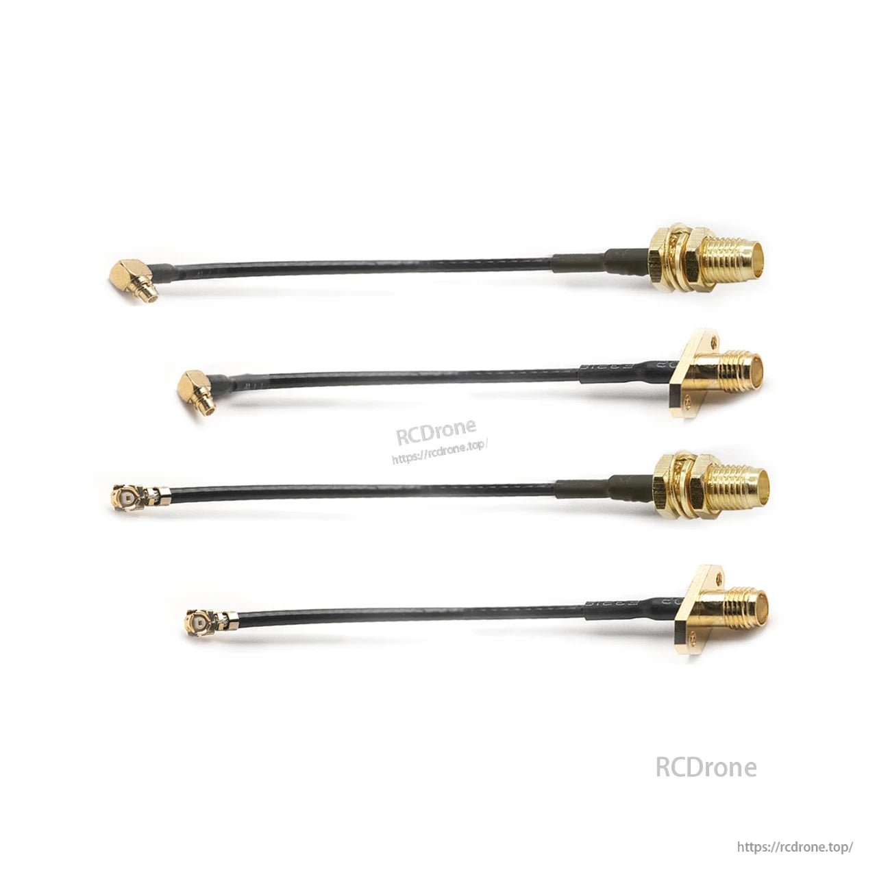 Set of four coax pigtails: MMCX or IPEX (U.FL) to SMA bulkhead or 2-hole flange mount