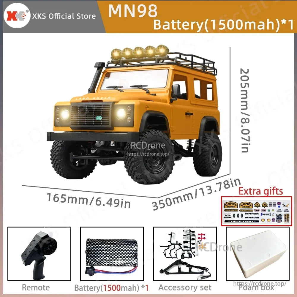 MN99S/MN99/MN98 1:12 RC Car, Official Store product features high-performance rock crawler truck with powerful motor, proportional control, LED lights, and rechargeable 7.4V battery.
