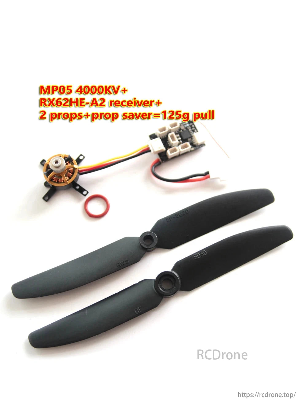 MP05 brushless motor, MP05 4000KV motor with RX62HE-A2 receiver, includes 2 props and prop saver, providing 125g pull for mini airplanes with 120g thrust on 2S battery.