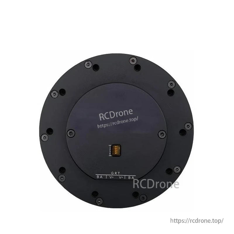 Back face of circular geared servo drive showing central multi-pin connector and mounting screw pattern