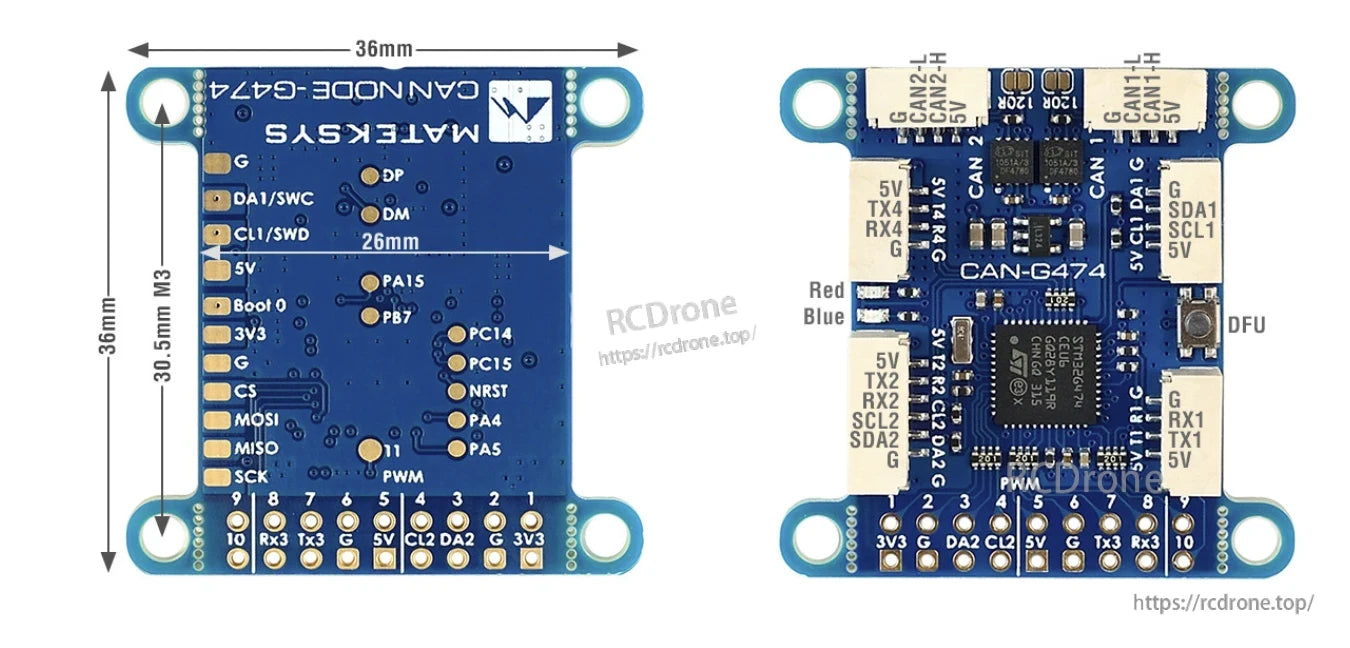 Matek CAN-G474 DroneCAN adapter board with labeled CAN ports, DFU button, and 36mm square mounting layout