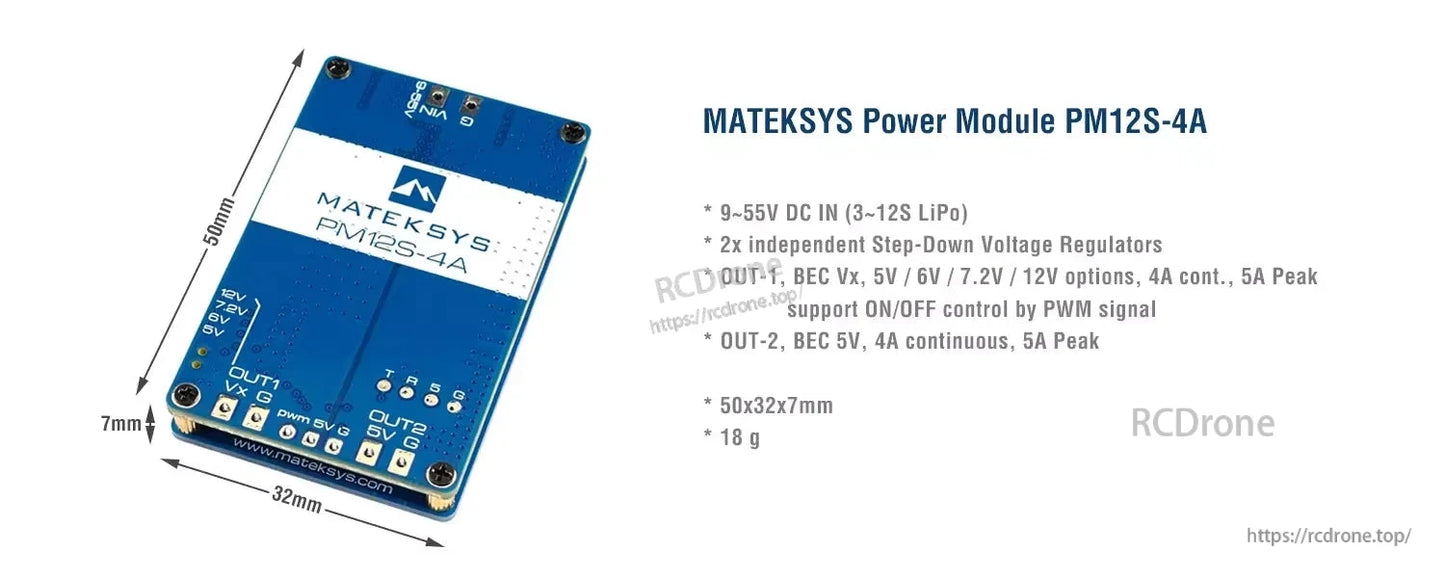 MatekSys PM12S-4A power module board (50x32x7mm) with OUT1/OUT2 BEC pads and PWM control connector