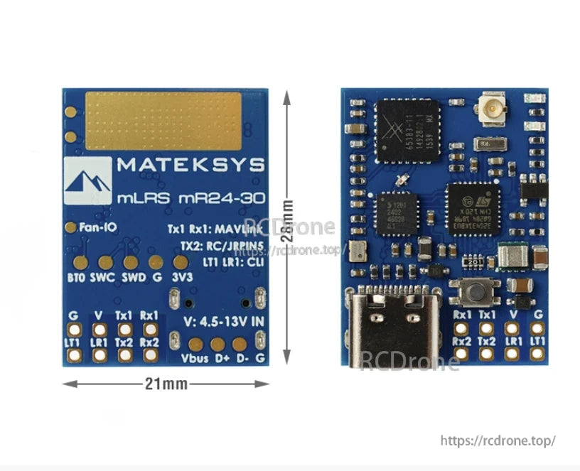 MatekSys mR24-30 mLRS MAVLink 2.4GHz Receiver, MatekSys mR24-30 mLRS 2.4GHz receiver board (21×28mm) with USB-C port, u.FL antenna socket, and labeled solder pads