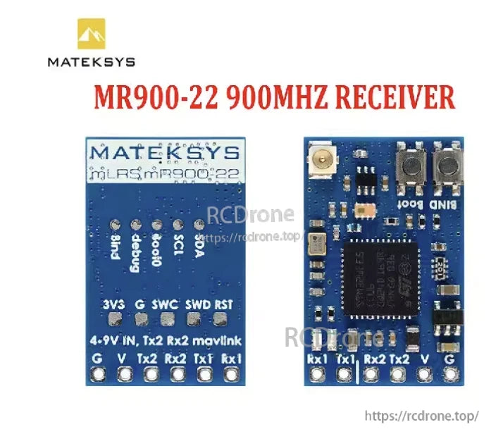 MatekSys MR900-22 900MHz receiver board, front and back views with antenna connector, bind button, and labeled UART pads