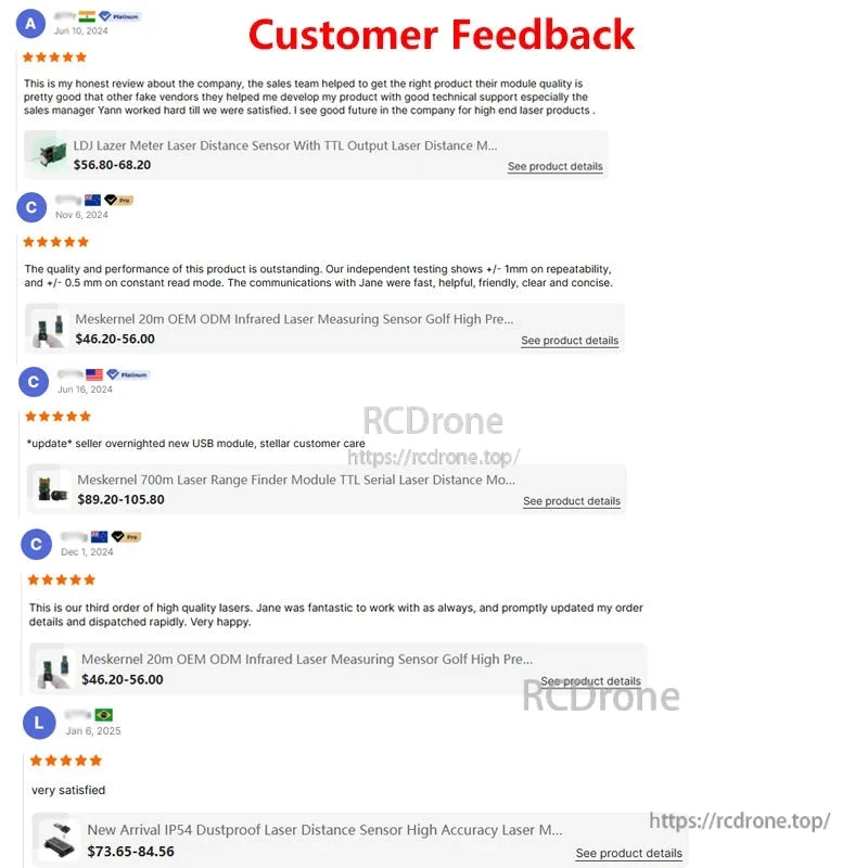 Users commend laser distance sensors for high quality, accuracy, fast communication, reliable performance, and excellent technical support.