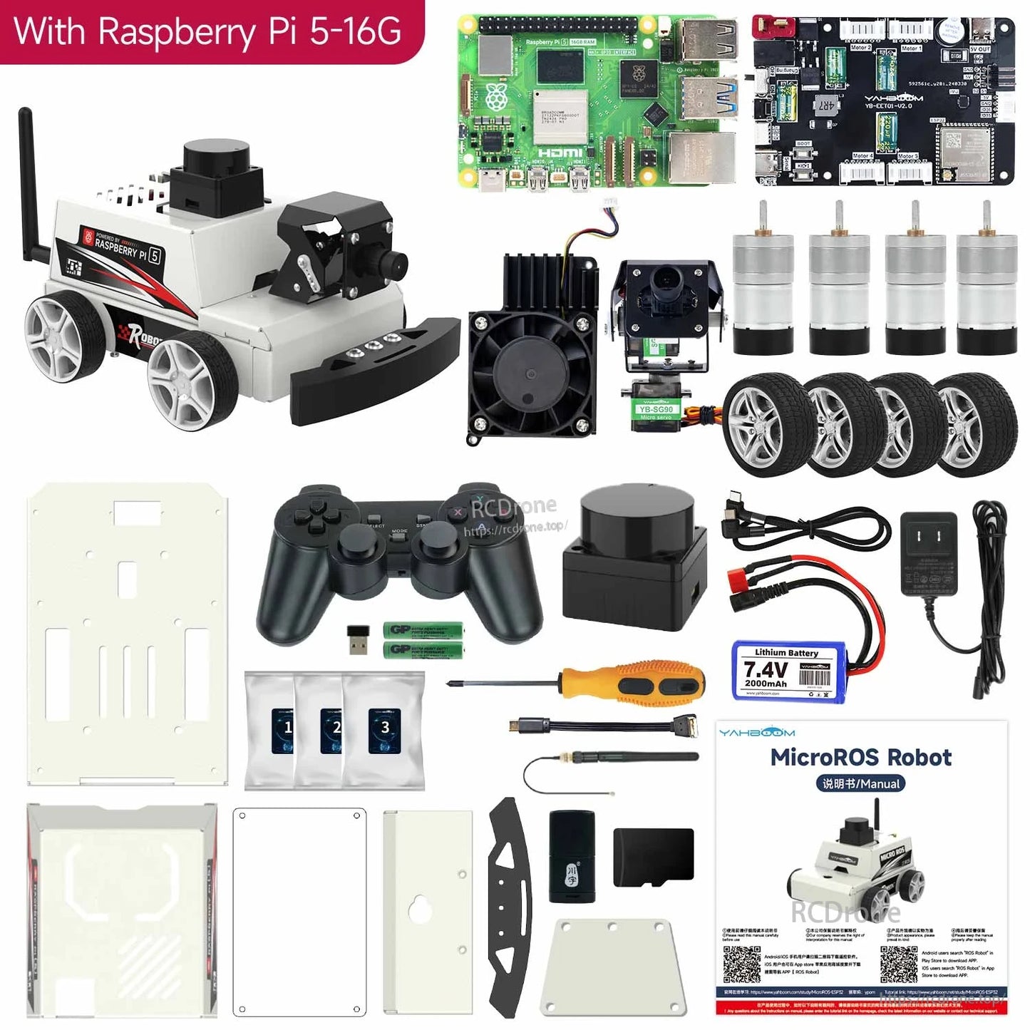Package contents with Raspberry Pi 5 16GB included: robot car kit parts, controller board, motors, wheels, battery