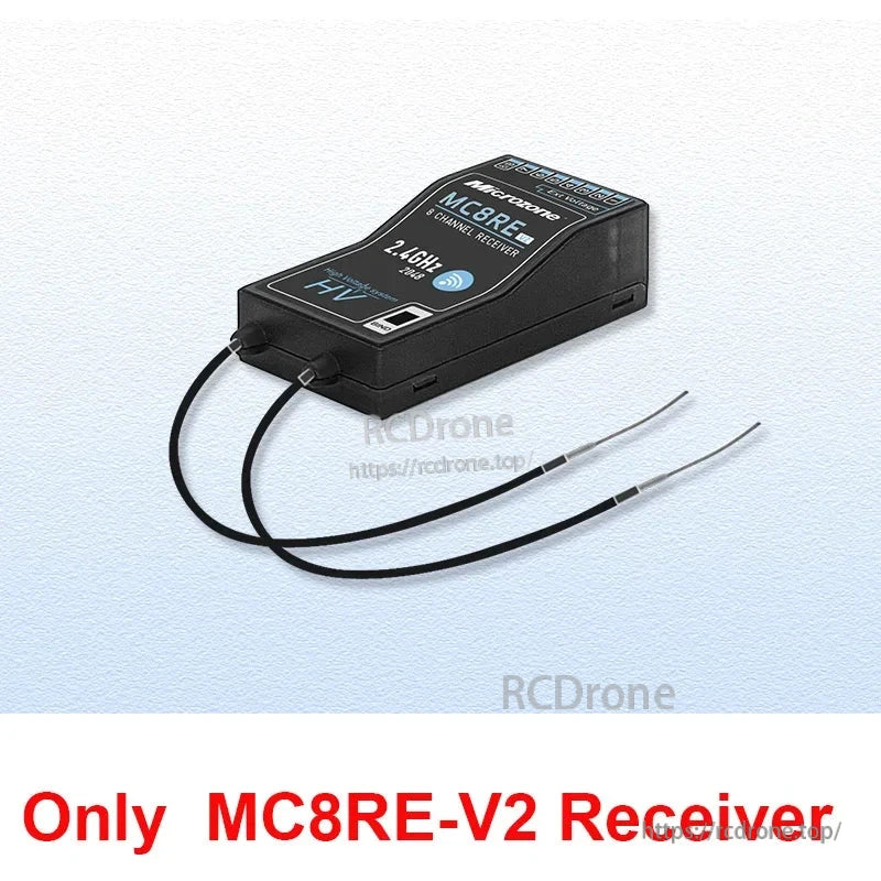 MC8RE-V2 is a 2.4GHz 8-channel micro receiver with S-FHSS, HV support; receiver only, no additional components included.