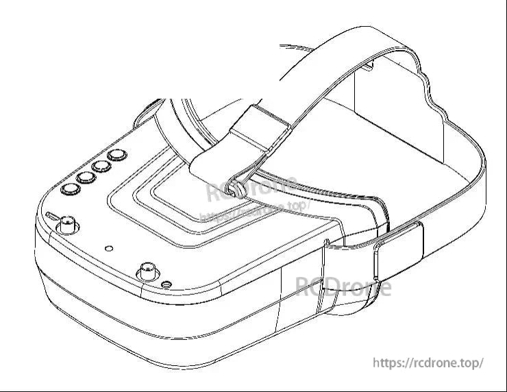 Line drawing of FPV goggles with head strap and button layout, side profile illustration