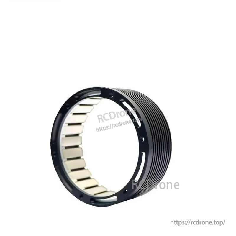 Outer rotor ring close-up with internal magnet segments and ribbed black housing for RMD-FLO-50 motor