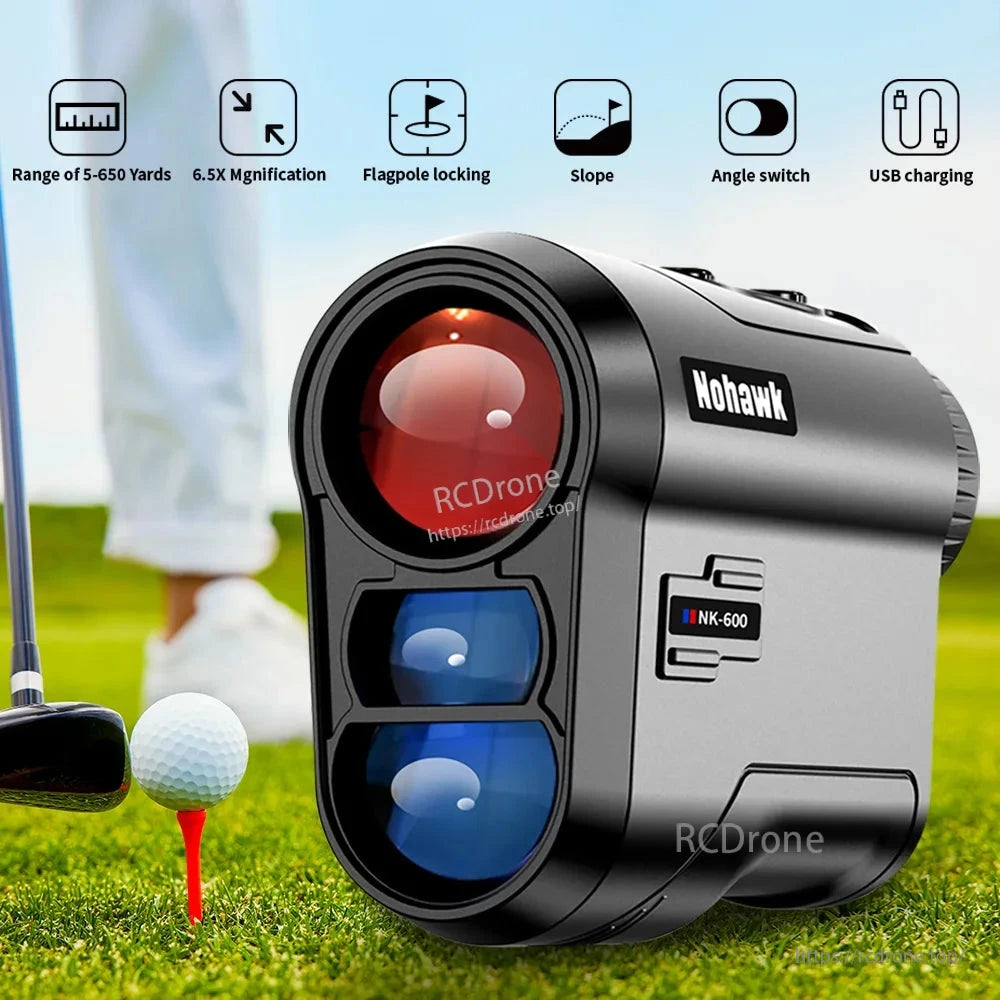 Nohawk NK-600 golf rangefinder with 5-650 yard range, 6.5X magnification, flagpole lock, slope and angle functions, USB charging.