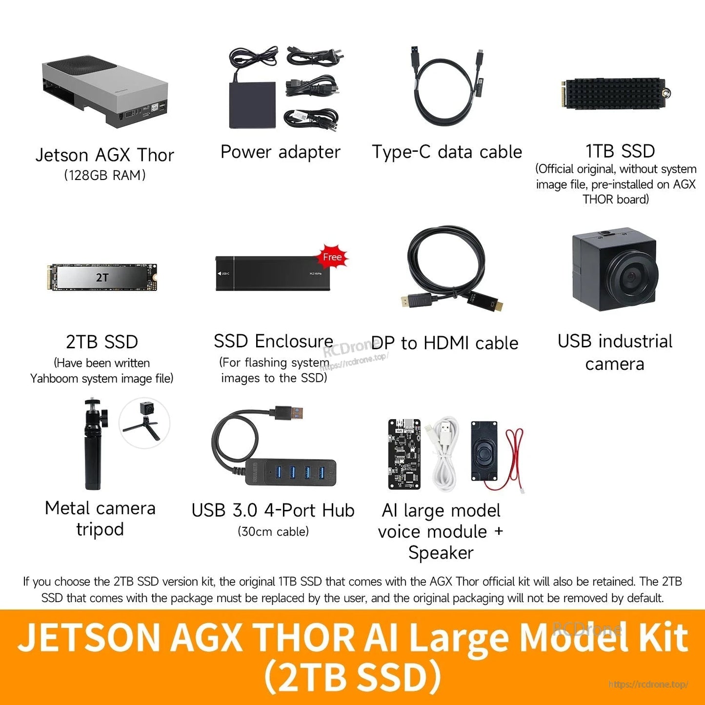 Jetson AGX Thor developer kit bundle with power adapter, USB-C cable, SSDs, enclosure, hub, camera, and accessories