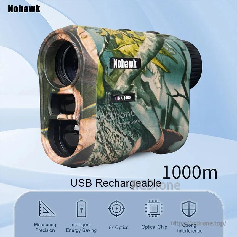 The Nohawk NK-1000 is a USB-rechargeable laser rangefinder with 6x optics, optical chip, and 1000m range for precise distance measurement.