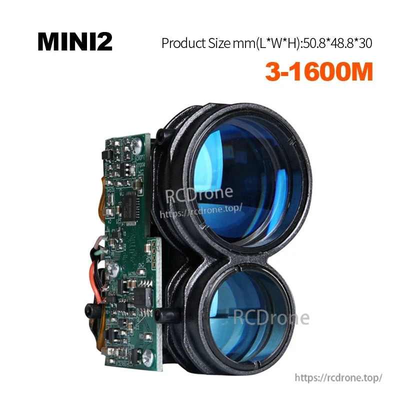 MINI2 rangefinder: 3-1600m range, ±1m accuracy, 3.3V, UART 9600, compact 50.8×48.8×30mm size.