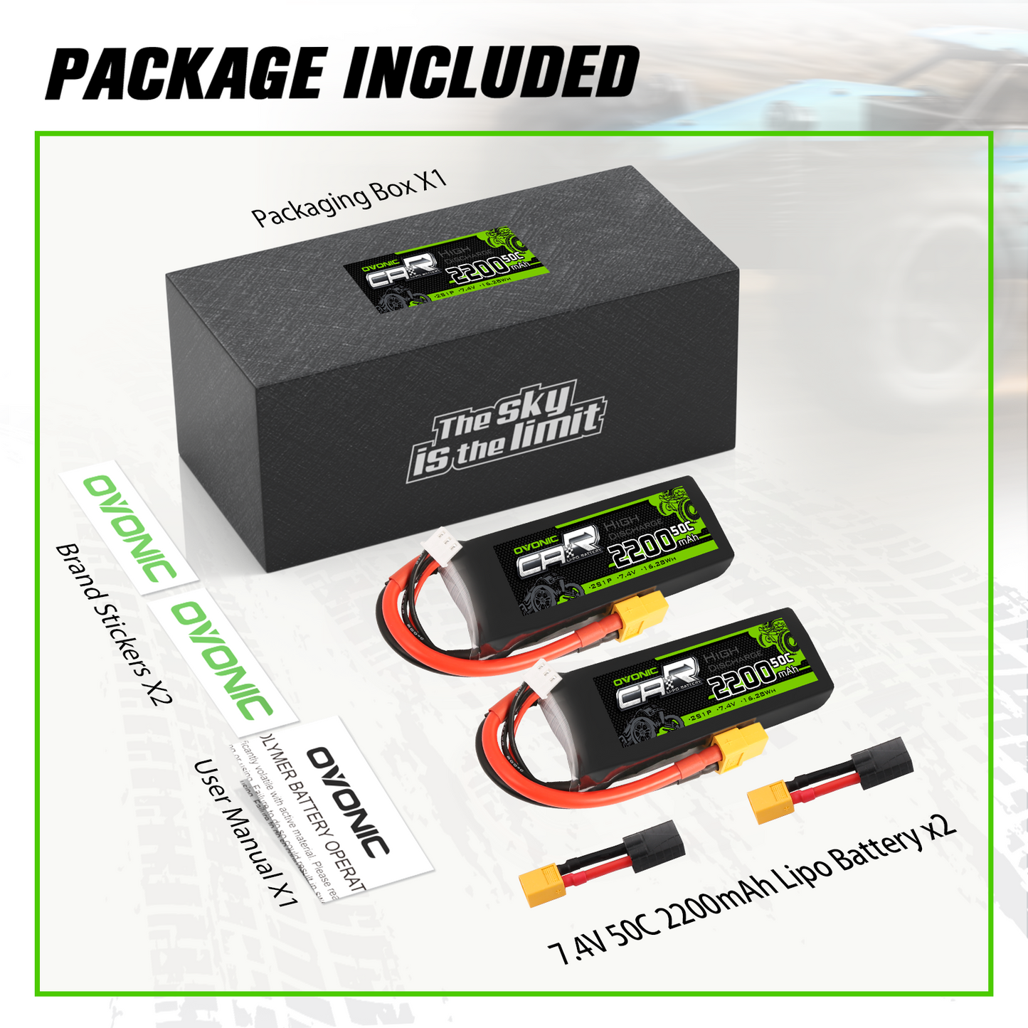 2×OVONIC 7.4V 2200mAh 2S1P 50C Lipo Battery with XT60 & Trx Plug for 1/16 1/18 TRA Cars