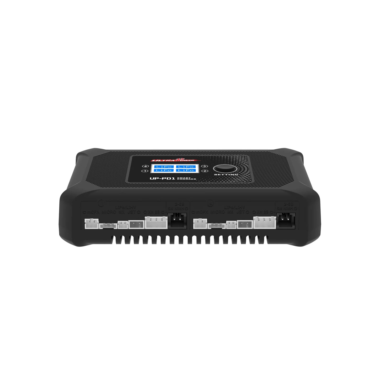 Front view of charger with four channel connector banks and balance ports lined across the bottom edge