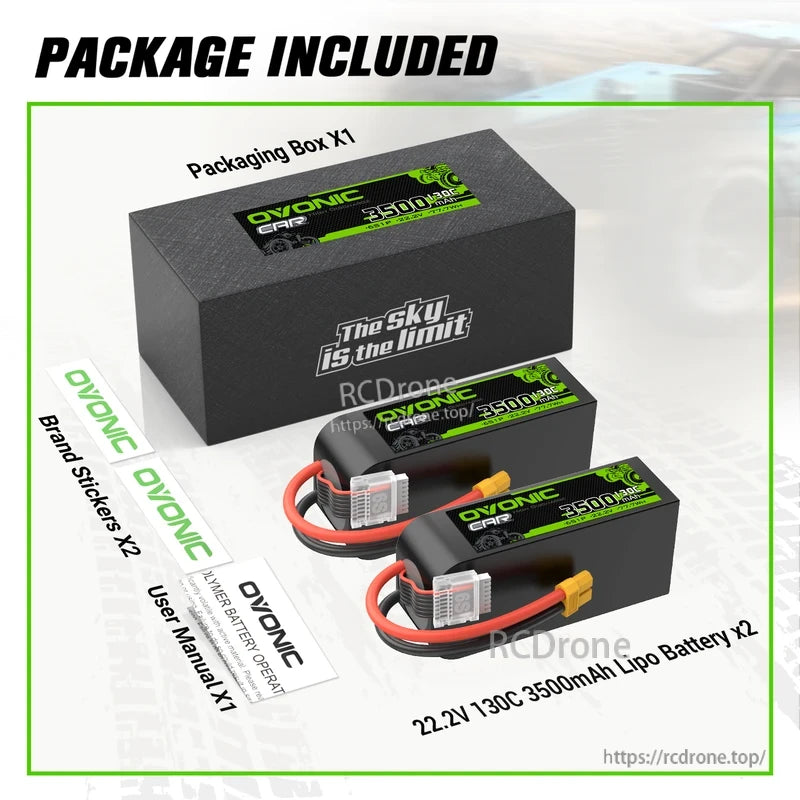 Package included: two 22.2V 3500mAh 130C LiPo batteries, packaging box, brand stickers, and user manual
