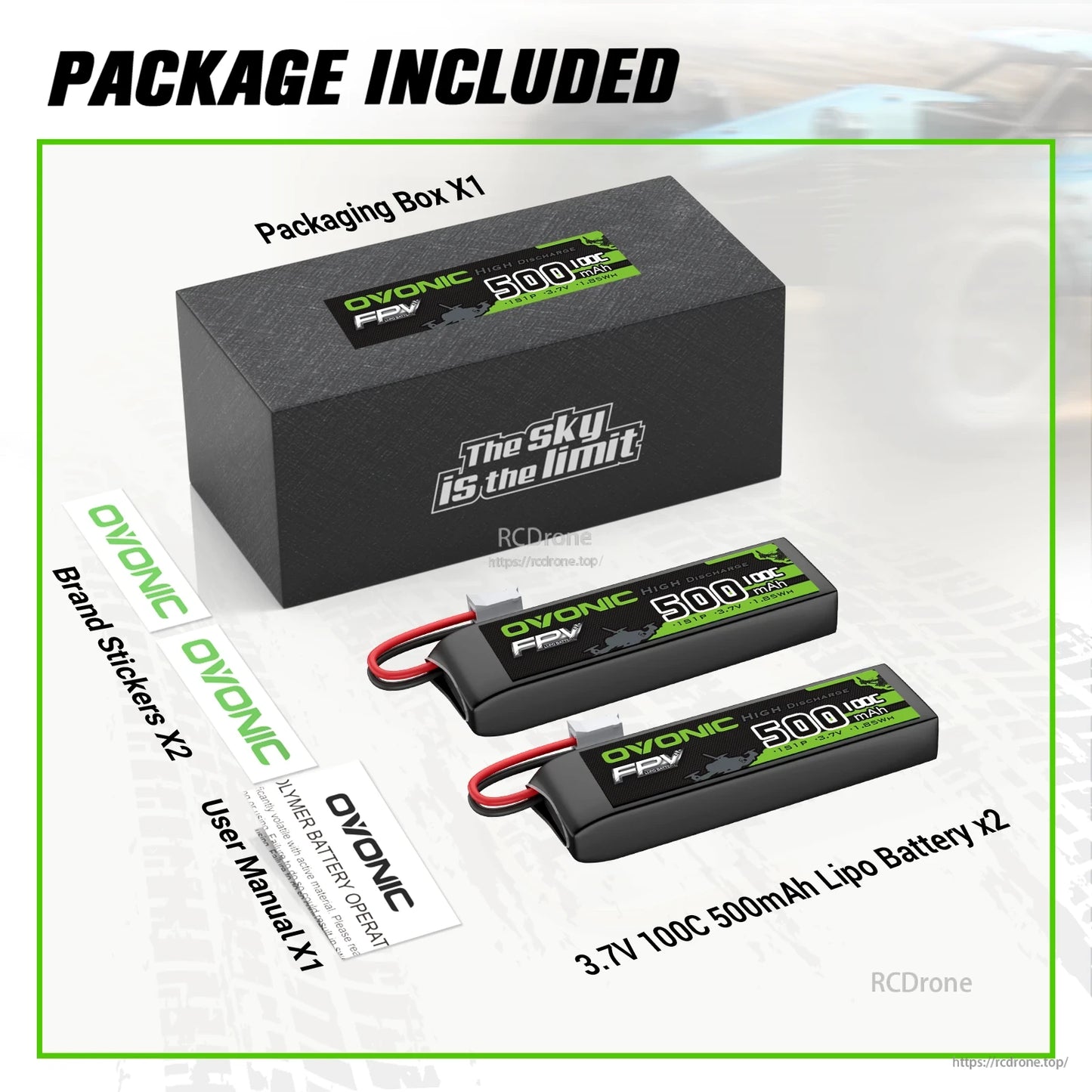 Package contents: OVONIC box, two 3.7V 500mAh 100C LiPo batteries, brand stickers and user manual
