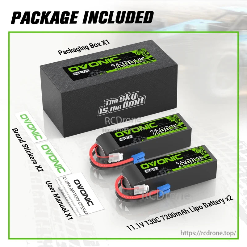 Package contents: two OVONIC 11.1V 7200mAh 130C LiPo batteries, box, stickers and user manual