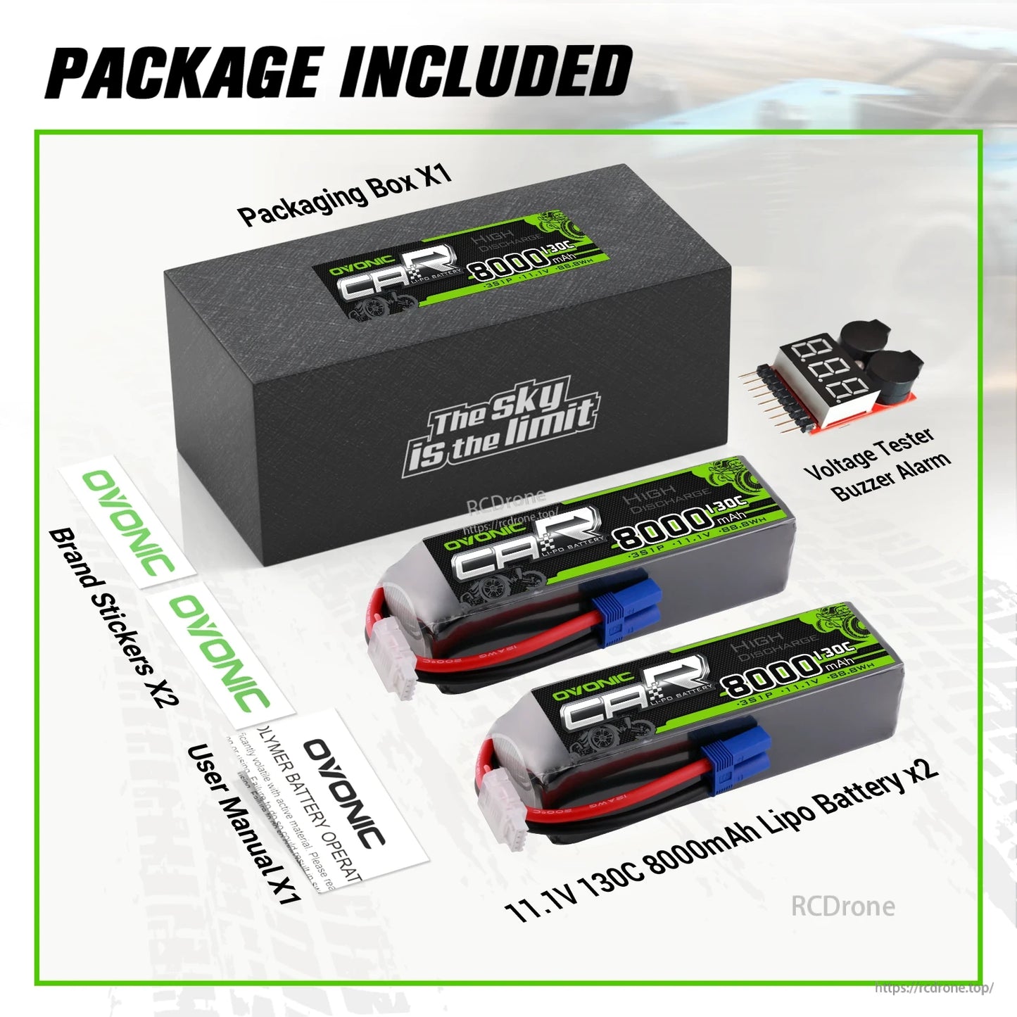 Package contents: 2 batteries, packaging box, voltage tester buzzer alarm, brand stickers, and user manual