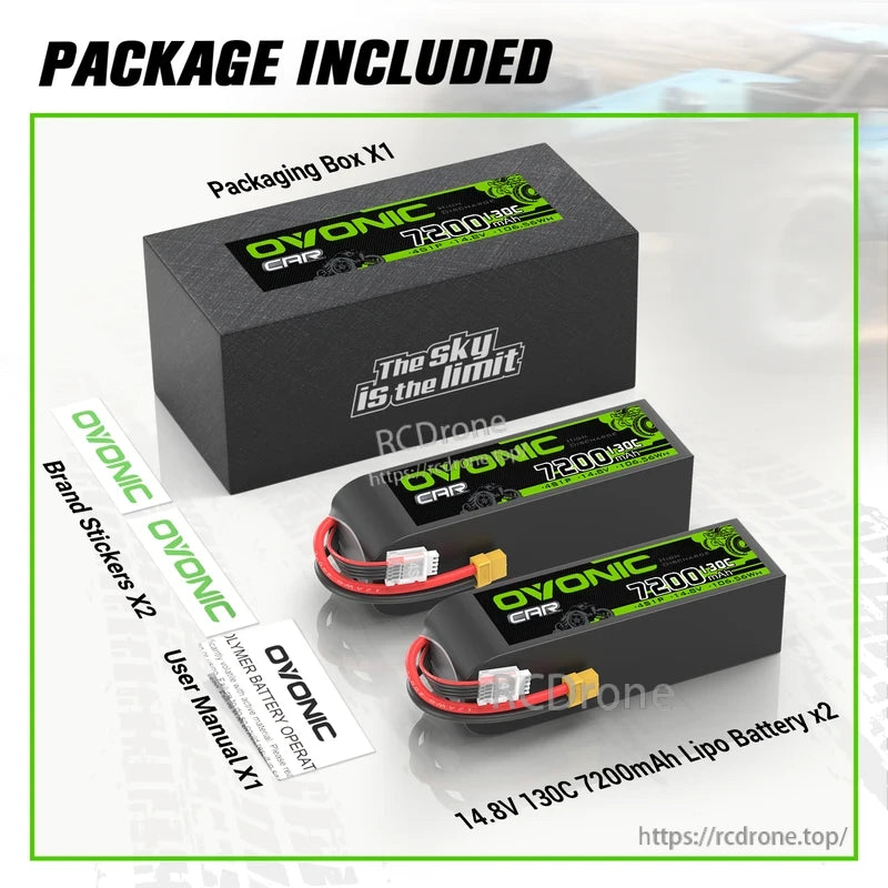 Package contents: two 14.8V 7200mAh 130C 4S LiPo batteries, box, brand stickers and user manual