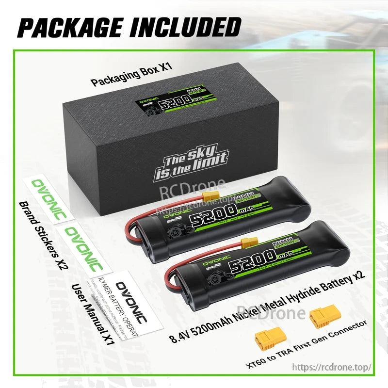 Package contents: two OVONIC 8.4V 5200mAh NiMH battery packs, XT60 to TRX adapter, box, stickers and manual