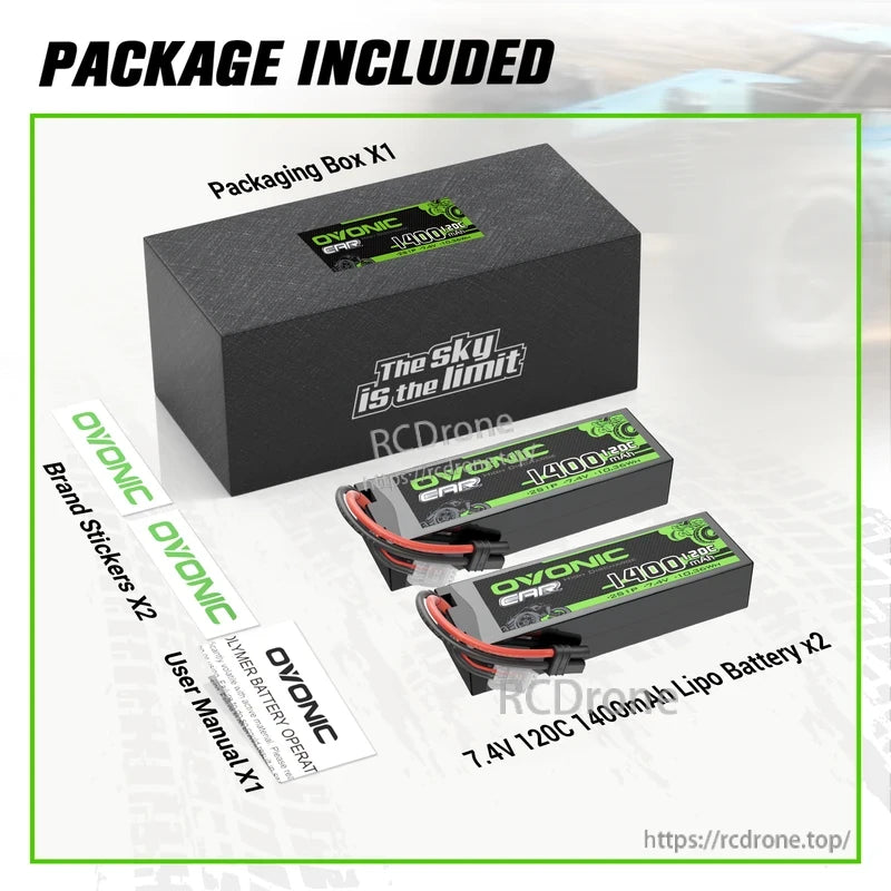 Package contents: two 7.4V 1400mAh 120C LiPo batteries, packaging box, brand stickers, and user manual