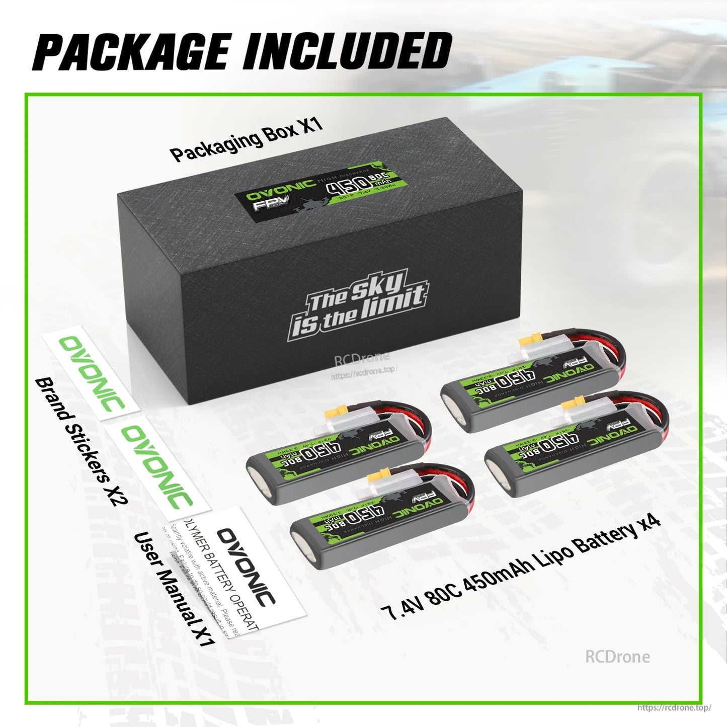 Package contents: box, 4x 7.4V 450mAh 80C LiPo batteries, brand stickers (2), user manual