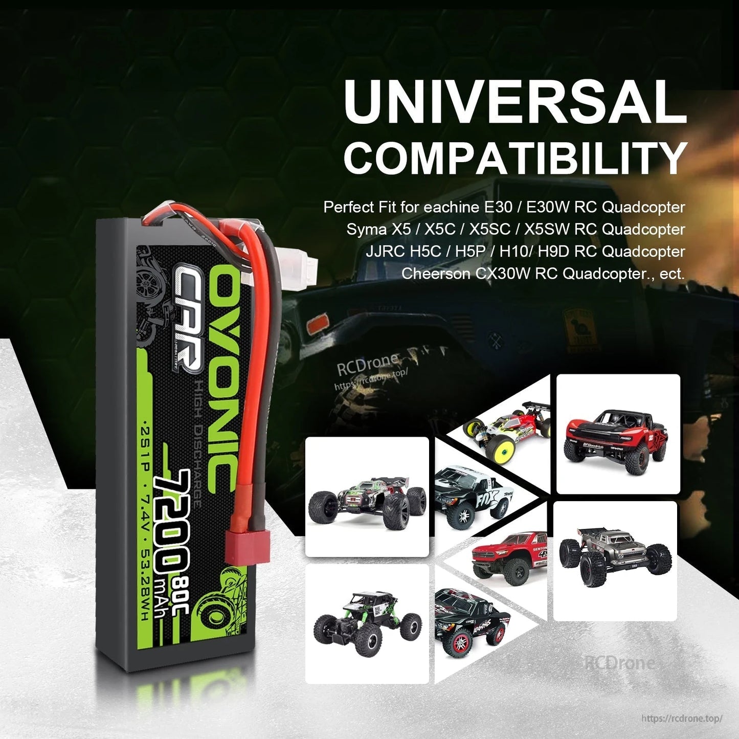 Universal compatibility graphic showing Ovonic hardcase battery with RC car and truck application images