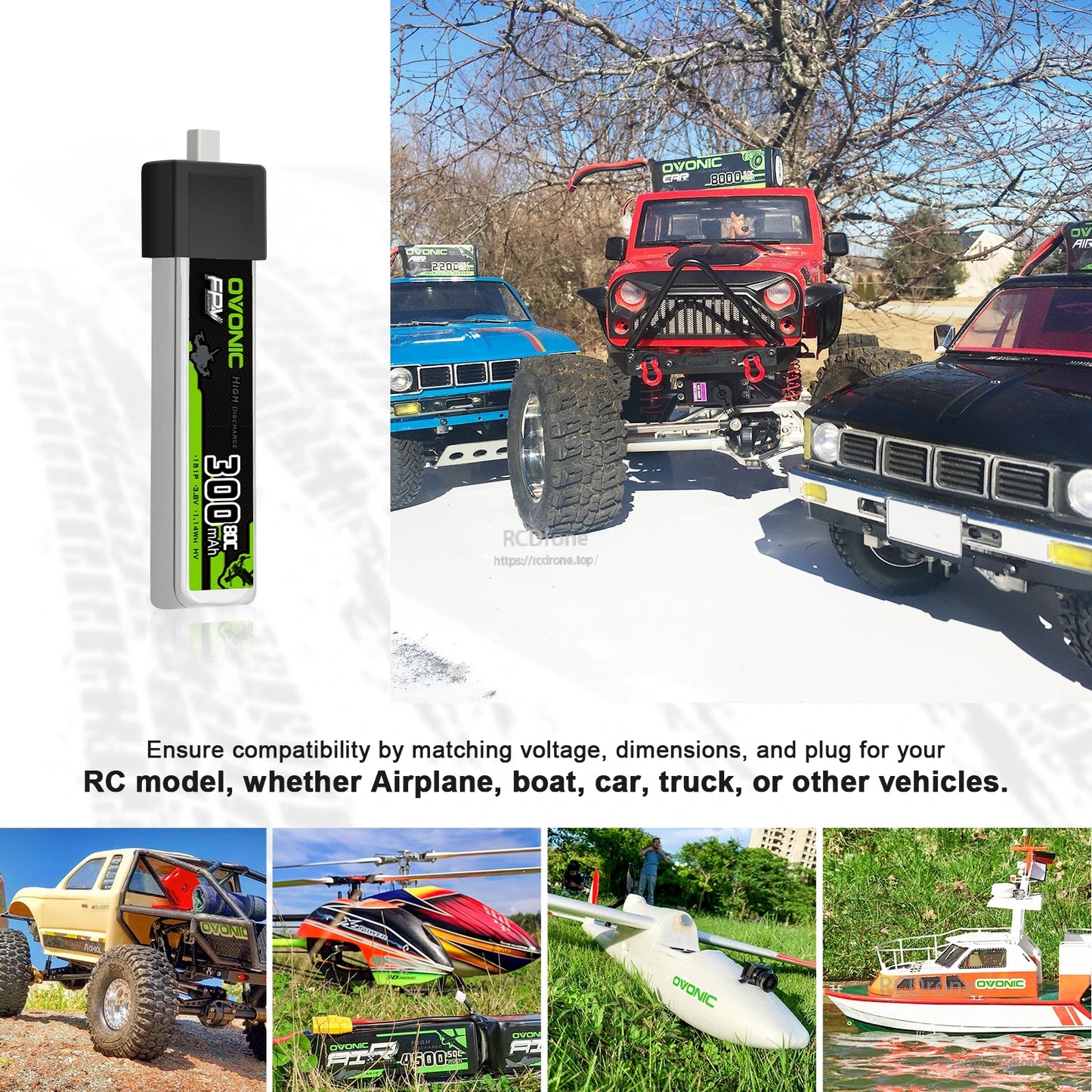 Battery application collage for RC vehicles and models, with single battery shown beside use cases