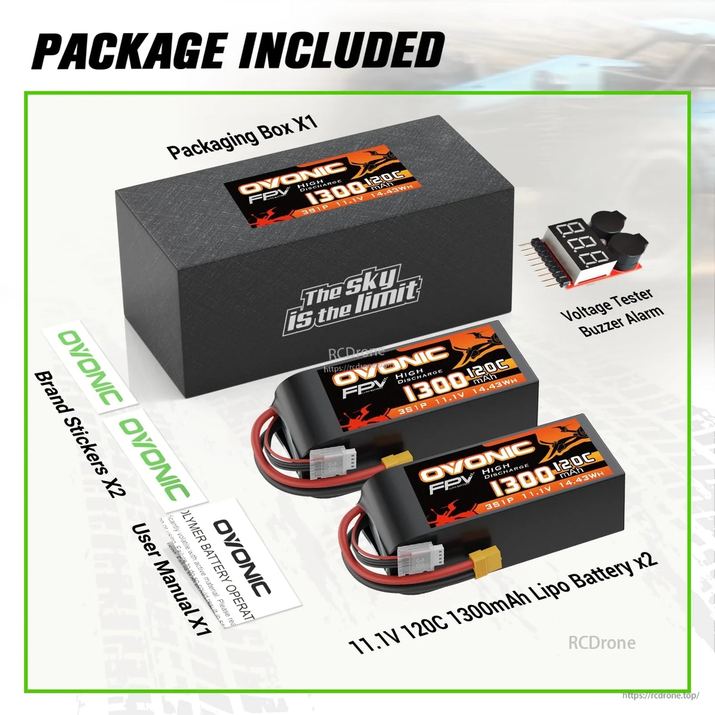 Package contents: 2x 11.1V 1300mAh 120C LiPo batteries, box, voltage tester buzzer alarm, stickers, manual