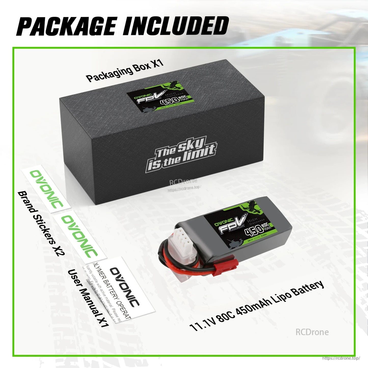 Package included: battery, packaging box, 2 brand stickers and user manual for 11.1V 80C 450mAh LiPo