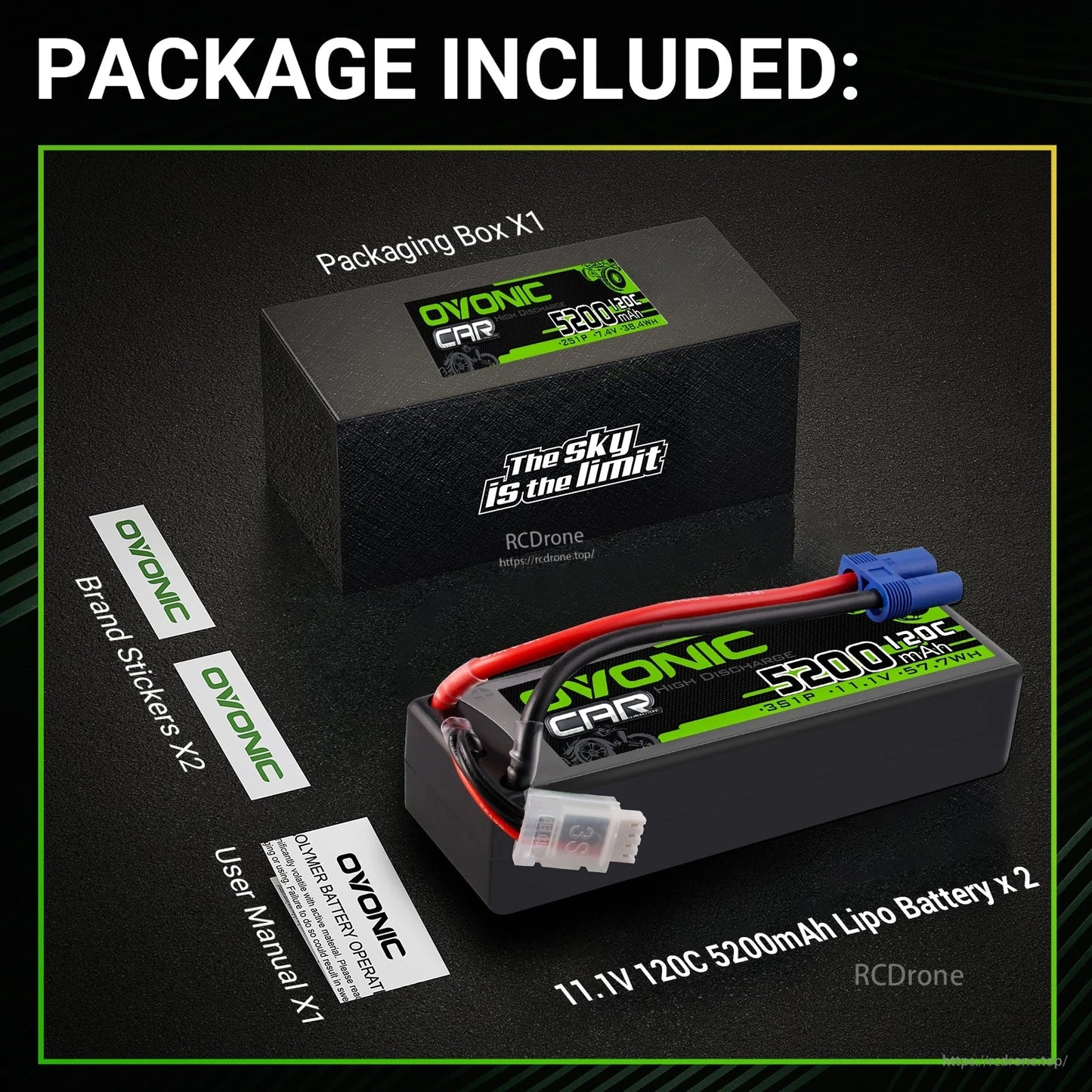 Package included: OVONIC battery, retail box, user manual and brand stickers shown as kit contents