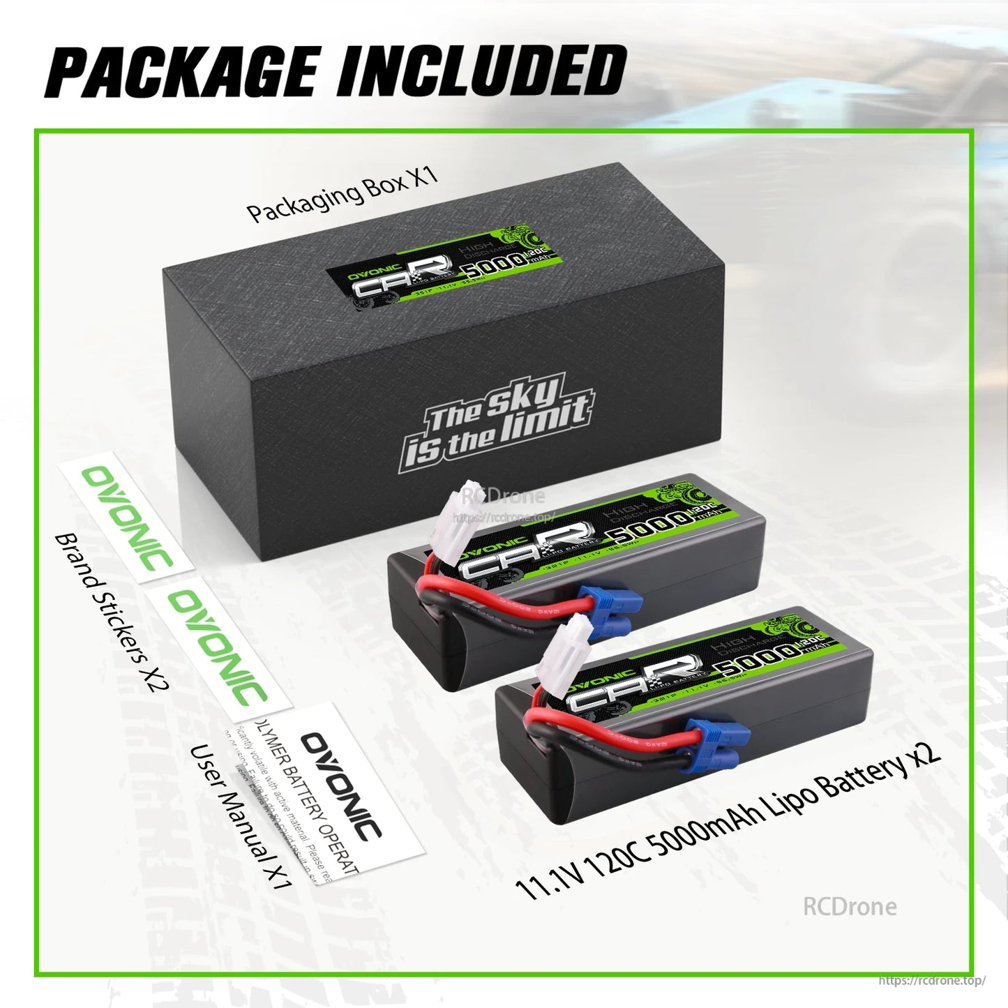 Package included: box, two 11.1V 5000mAh LiPo batteries, brand stickers and user manual
