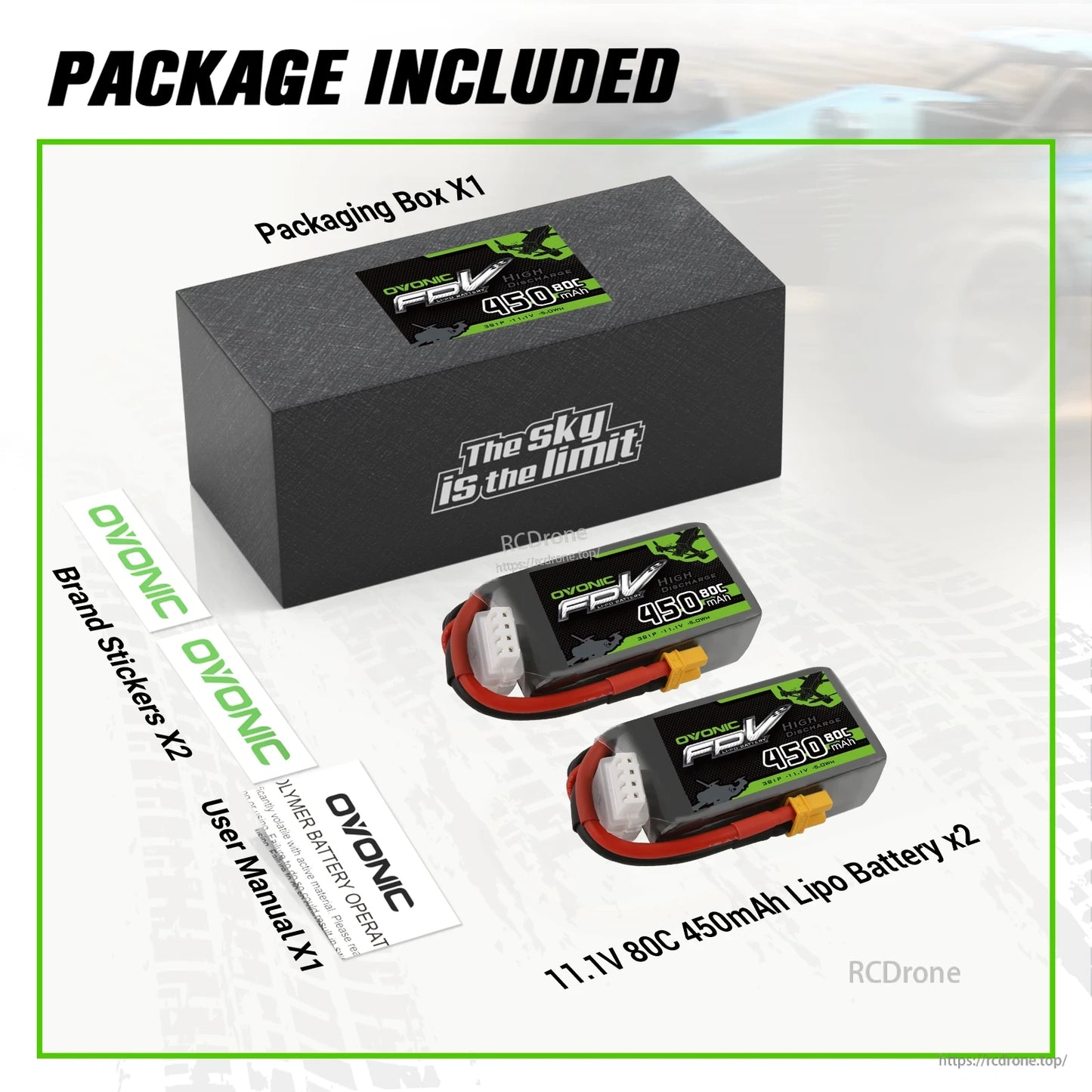 Package contents: OVONIC box, two 11.1V 450mAh 80C 3S LiPo batteries, brand stickers and user manual