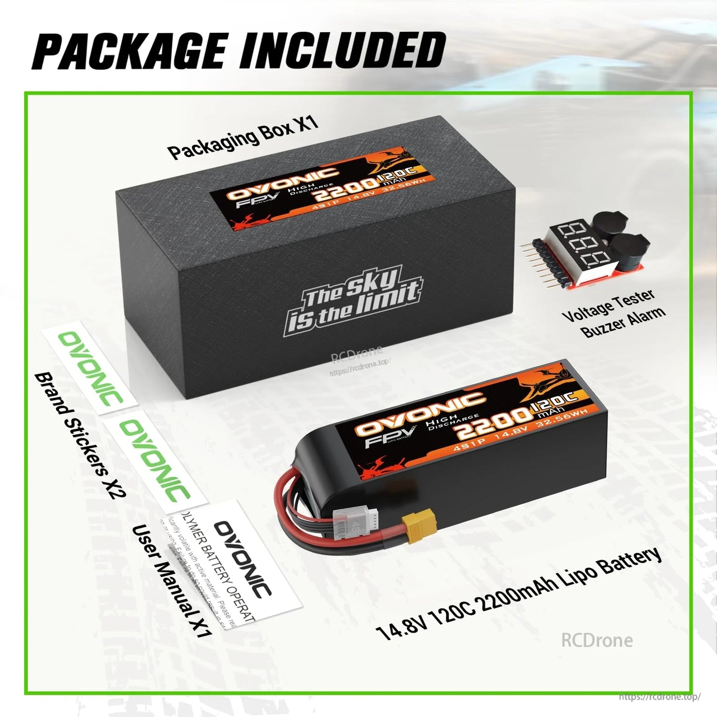 Package included: OVONIC 14.8V 2200mAh 120C 4S LiPo, box, voltage tester buzzer, stickers, user manual