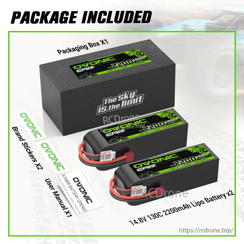 Package contents: two 14.8V 2200mAh 130C LiPo batteries, box, user manual and OVONIC brand stickers