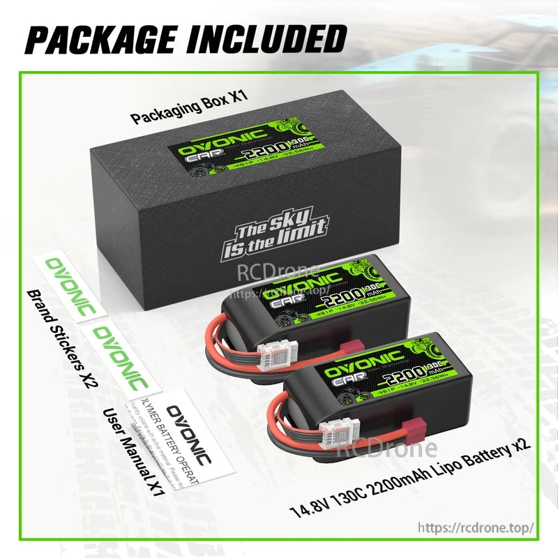 Package contents: two 14.8V 2200mAh 130C LiPo batteries, packaging box, brand stickers, and user manual