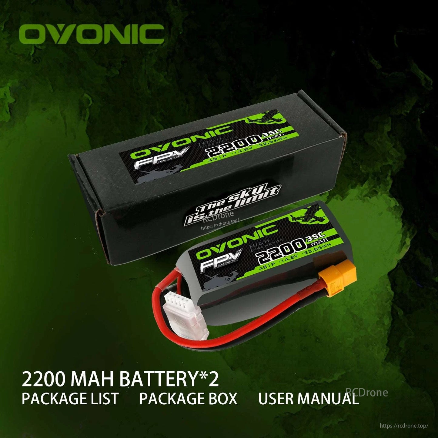 Package contents: OVONIC 2200mAh battery, retail box and user manual shown together