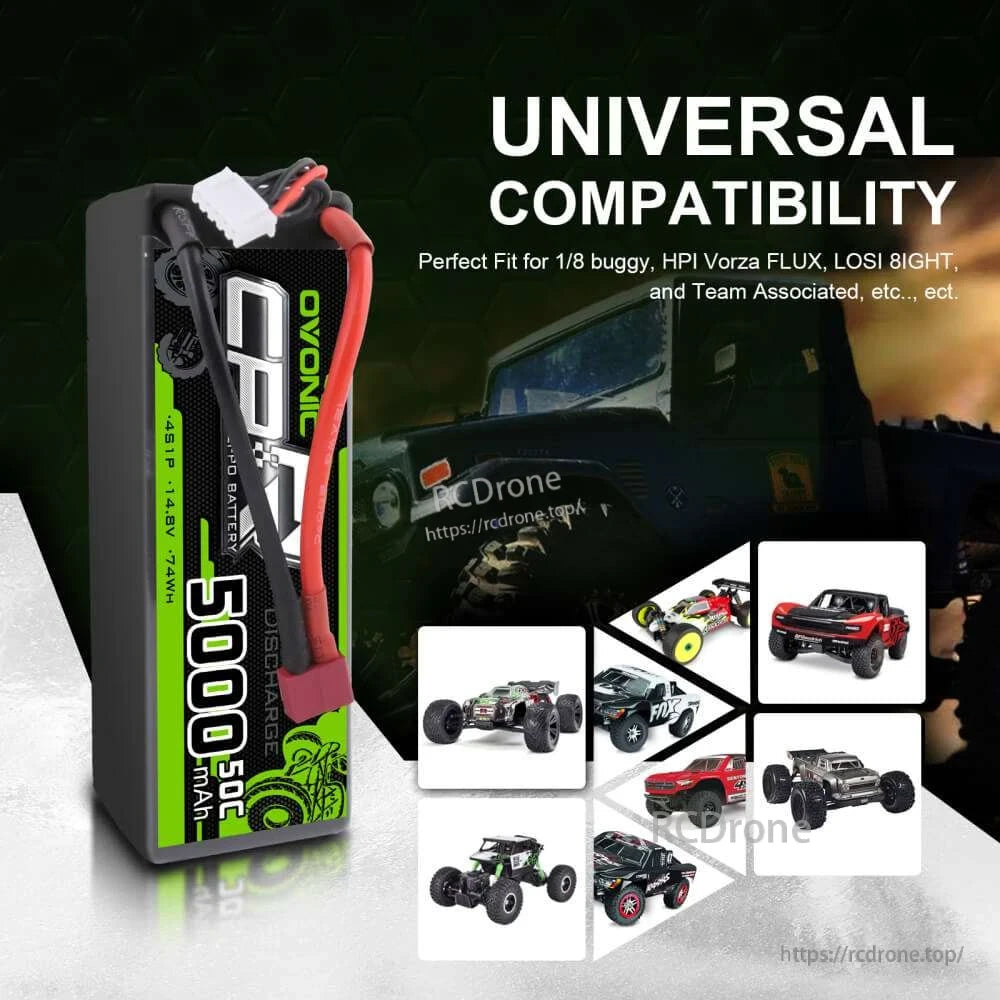Universal compatibility graphic showing OVONIC 4S 5000mAh hardcase LiPo for RC buggy/truck applications