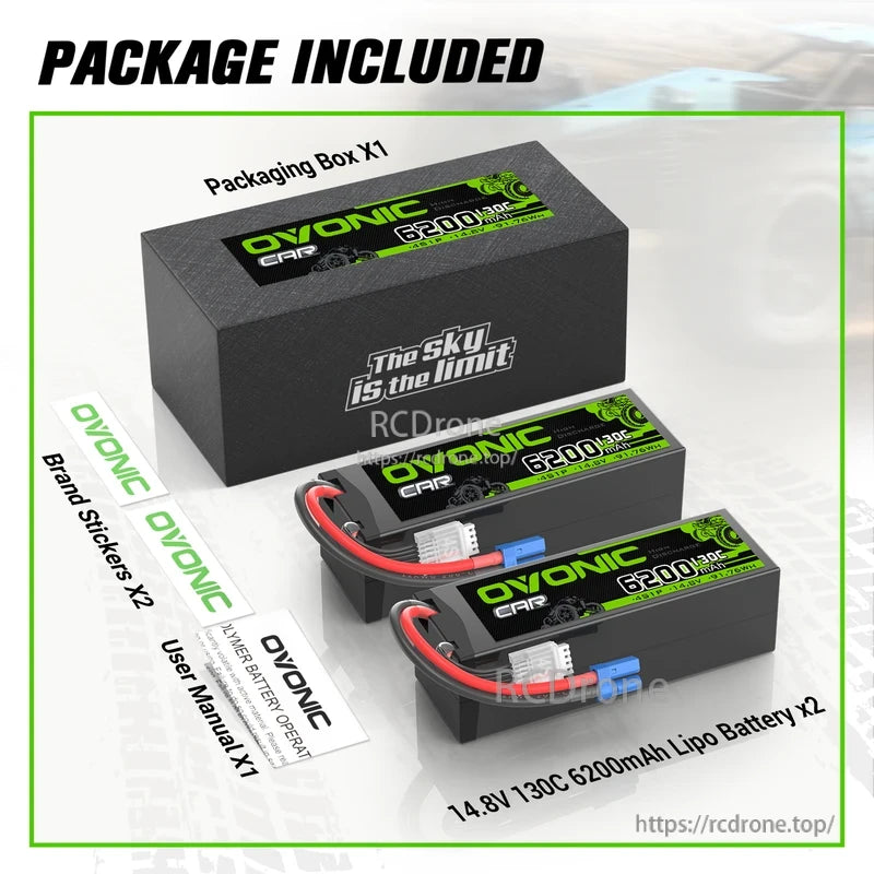 Package contents: OVONIC box, two 14.8V 6200mAh 130C LiPo batteries, brand stickers and user manual