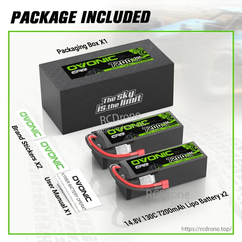 Package contents: OVONIC hardcase LiPo batteries, packaging box, brand stickers and user manual