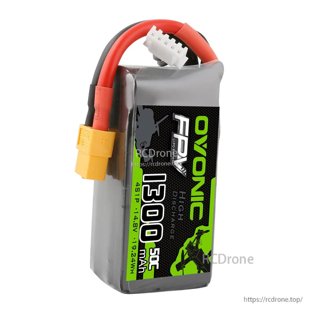 End view of battery thickness with XT60 power plug and white balance connector on leads