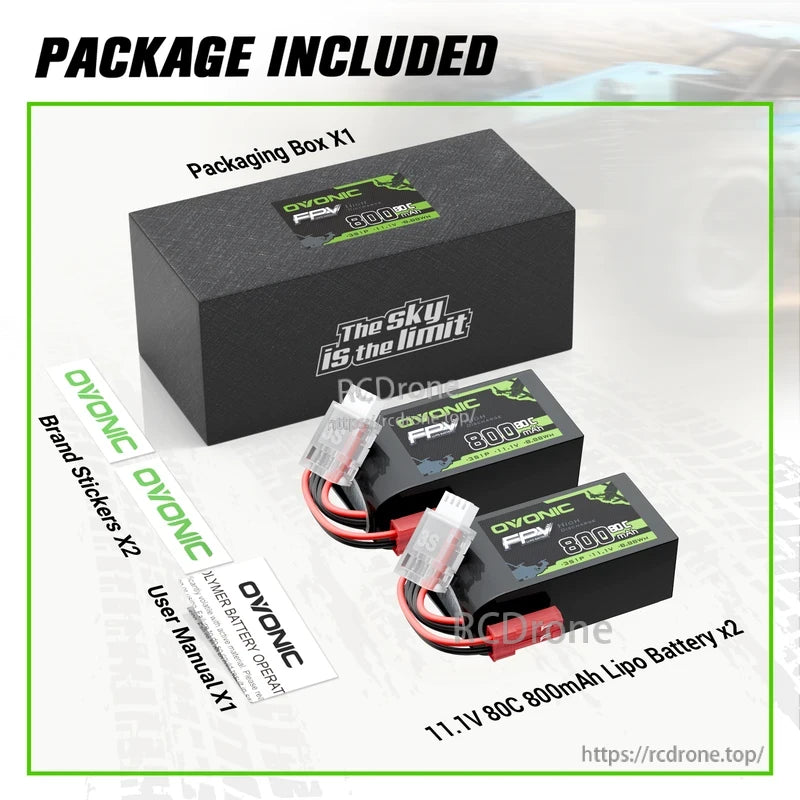 Package contents: two 11.1V 800mAh 80C OVONIC LiPo batteries, packaging box, brand stickers, and user manual