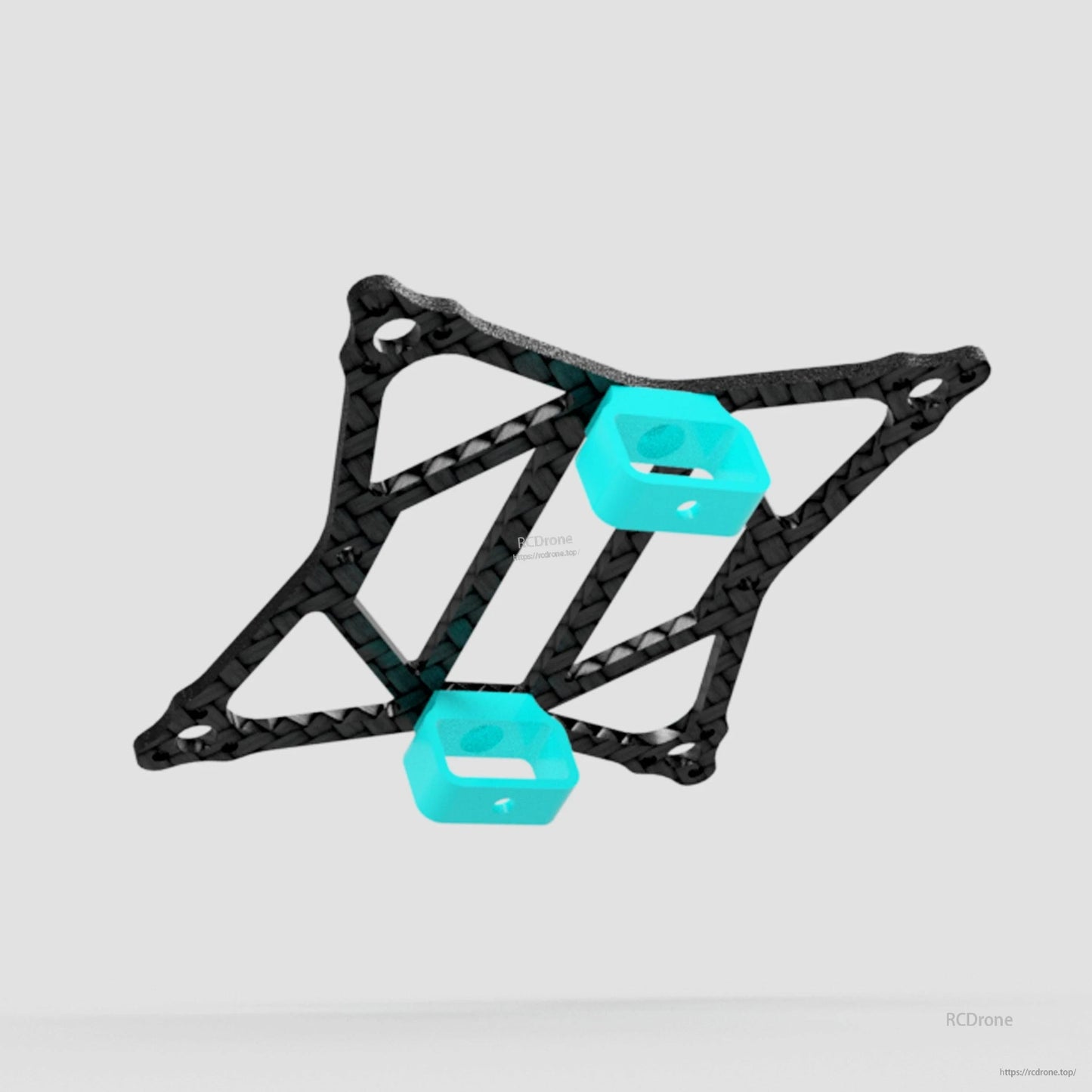 Close-up angled view of the carbon frame weave with two blue TPU mounts attached to the center slots