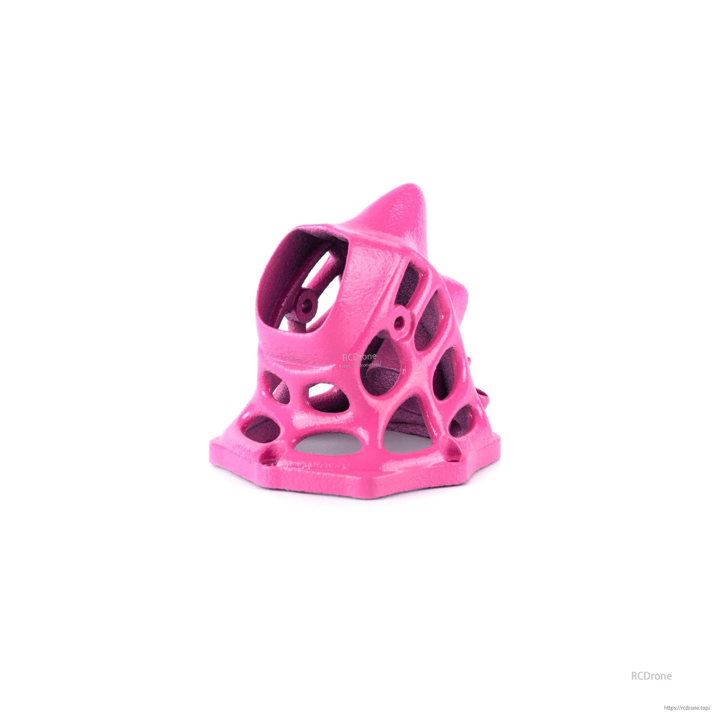 Hot pink Dino FPV canopy, angled side view showing camera cavity and vented lattice frame